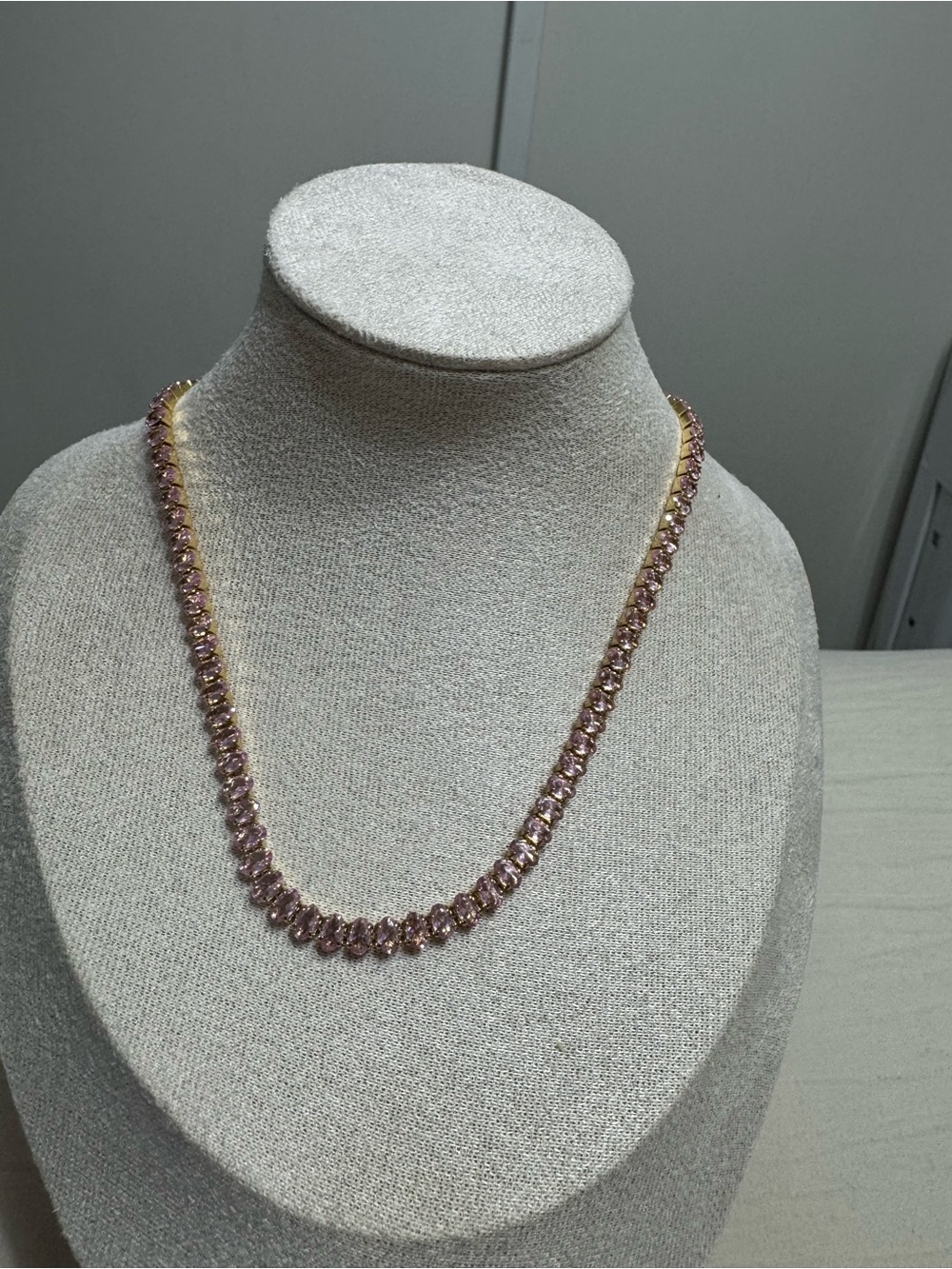 Rose Pink Crystal Tennis Necklace with Gold-Tone Chain